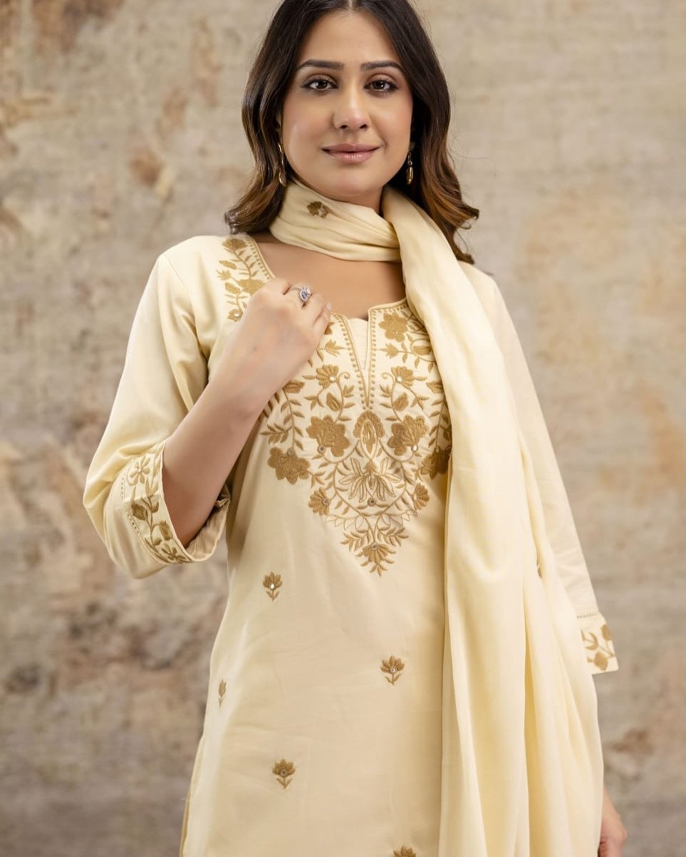 Cream Khadi Flex Cotton Embroidered Suit Set